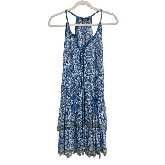Tolani Tully Blue Print Smocked Tiered Sleeveless Mini Dress Boho Tassel - Picture 3 of 6